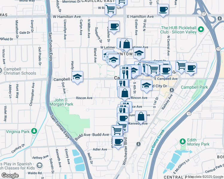 map of restaurants, bars, coffee shops, grocery stores, and more near 118 Salice Way in Campbell