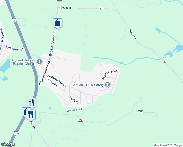 map of restaurants, bars, coffee shops, grocery stores, and more near 212 Edna Lane in Rustburg