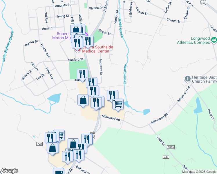 map of restaurants, bars, coffee shops, grocery stores, and more near Spottswood Drive in Farmville
