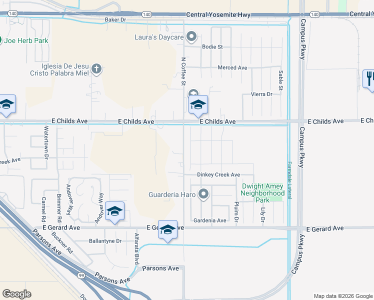 map of restaurants, bars, coffee shops, grocery stores, and more near 135 Blueberry Lane in Merced