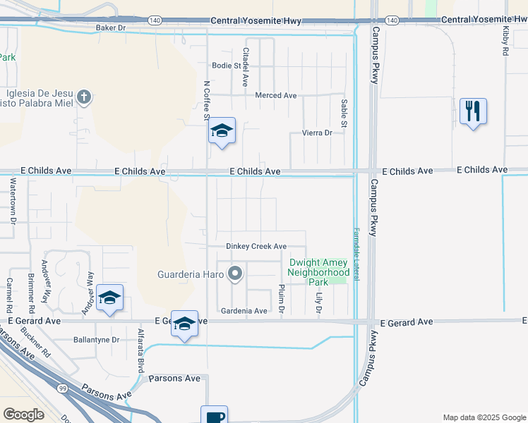 map of restaurants, bars, coffee shops, grocery stores, and more near 146 Squaw Valley Drive in Merced