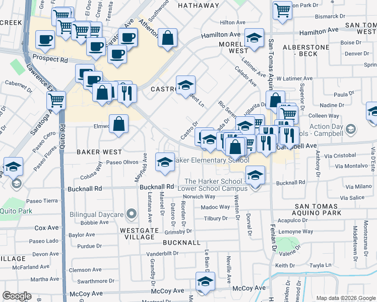 map of restaurants, bars, coffee shops, grocery stores, and more near 4658 Campbell Avenue in San Jose