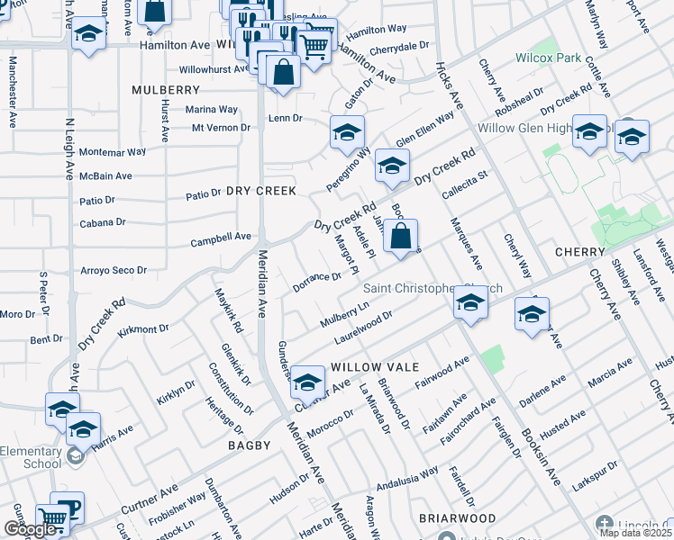 map of restaurants, bars, coffee shops, grocery stores, and more near 1990 Dorrance Court in San Jose