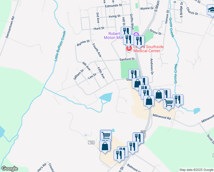 map of restaurants, bars, coffee shops, grocery stores, and more near 1207 Gilliam Drive in Farmville