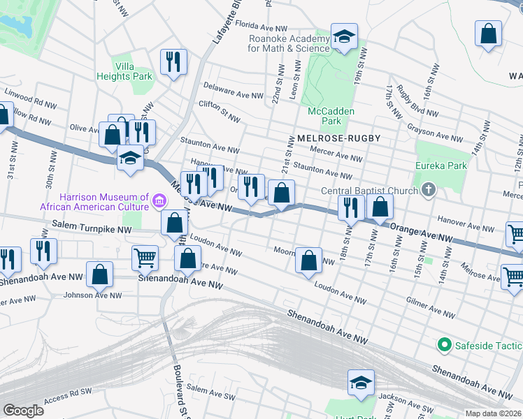 map of restaurants, bars, coffee shops, grocery stores, and more near 2119 Melrose Ave NW in Roanoke