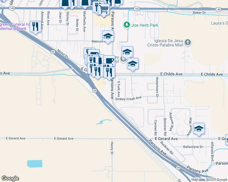 map of restaurants, bars, coffee shops, grocery stores, and more near 144 South Parsons Avenue in Merced