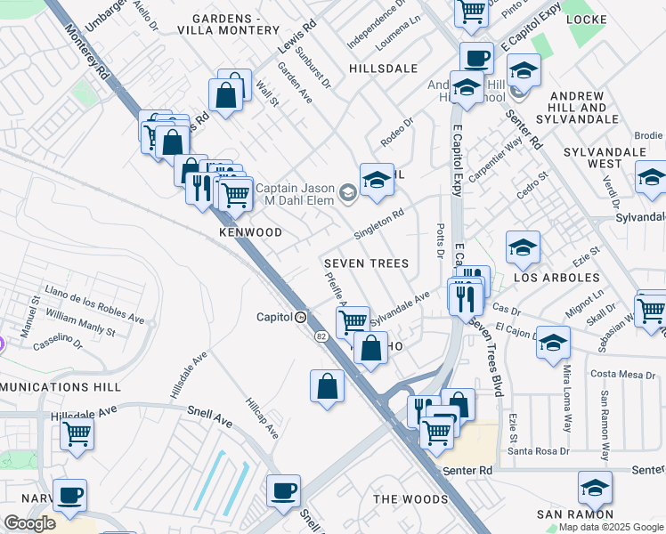 map of restaurants, bars, coffee shops, grocery stores, and more near 13001 Pfeifle Avenue in San Jose