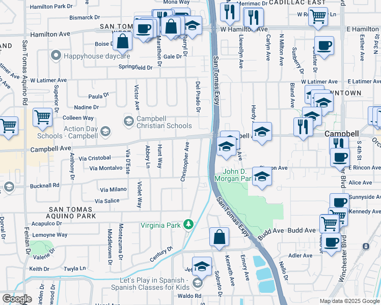 map of restaurants, bars, coffee shops, grocery stores, and more near 103 Virginia Avenue in Campbell