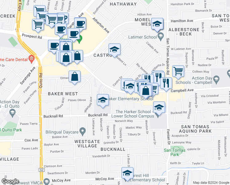 map of restaurants, bars, coffee shops, grocery stores, and more near 4697 Whitwood Lane in San Jose