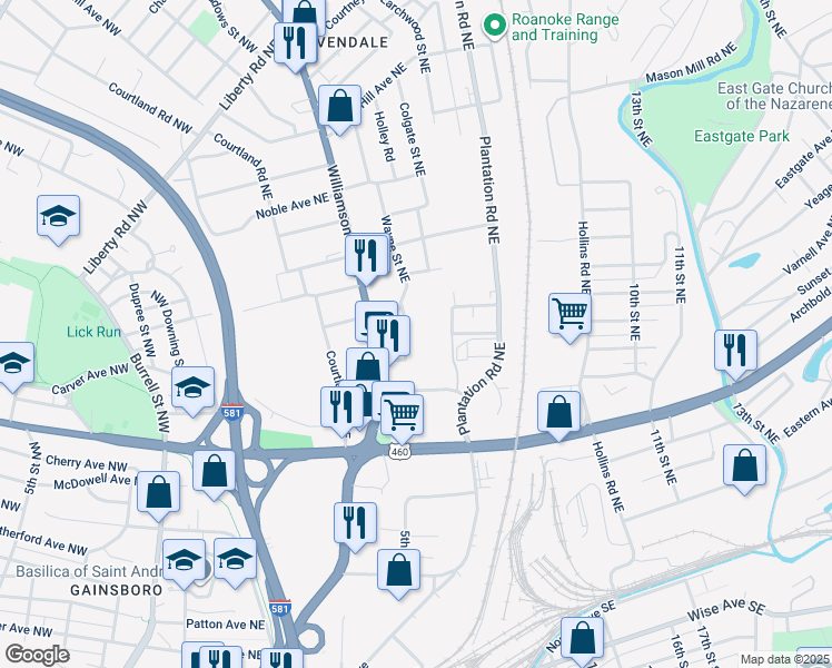map of restaurants, bars, coffee shops, grocery stores, and more near 1516 Compton Street Northeast in Roanoke