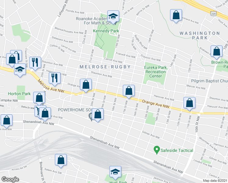 map of restaurants, bars, coffee shops, grocery stores, and more near 1802-1816 Orange Avenue Northwest in Roanoke