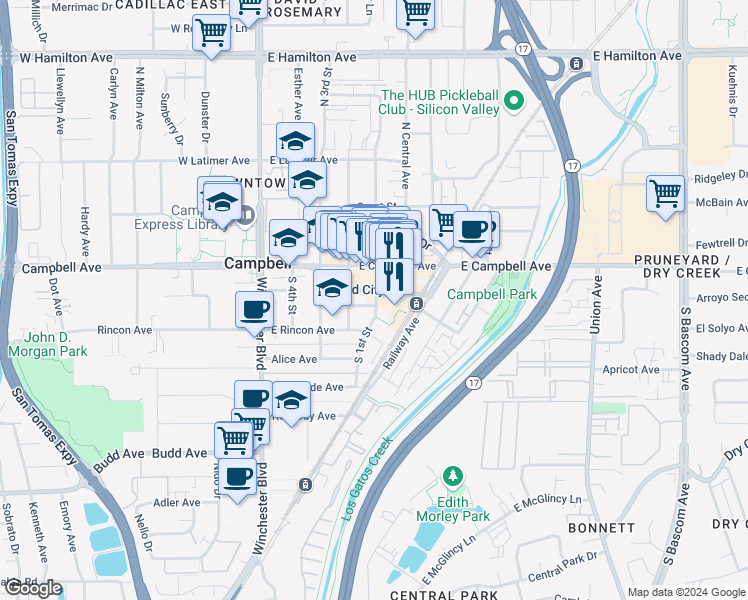 map of restaurants, bars, coffee shops, grocery stores, and more near 79 South 1st Street in Campbell