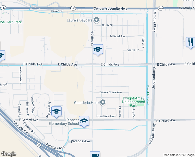 map of restaurants, bars, coffee shops, grocery stores, and more near 136 Blueberry Lane in Merced