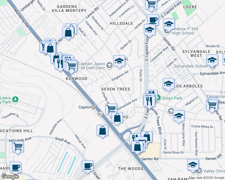 map of restaurants, bars, coffee shops, grocery stores, and more near in San Jose