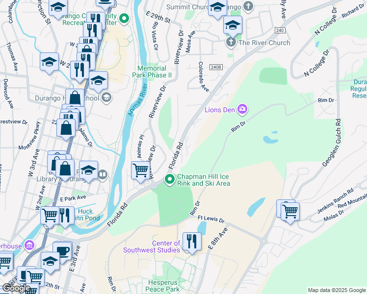 map of restaurants, bars, coffee shops, grocery stores, and more near 606 Florida Road in Durango