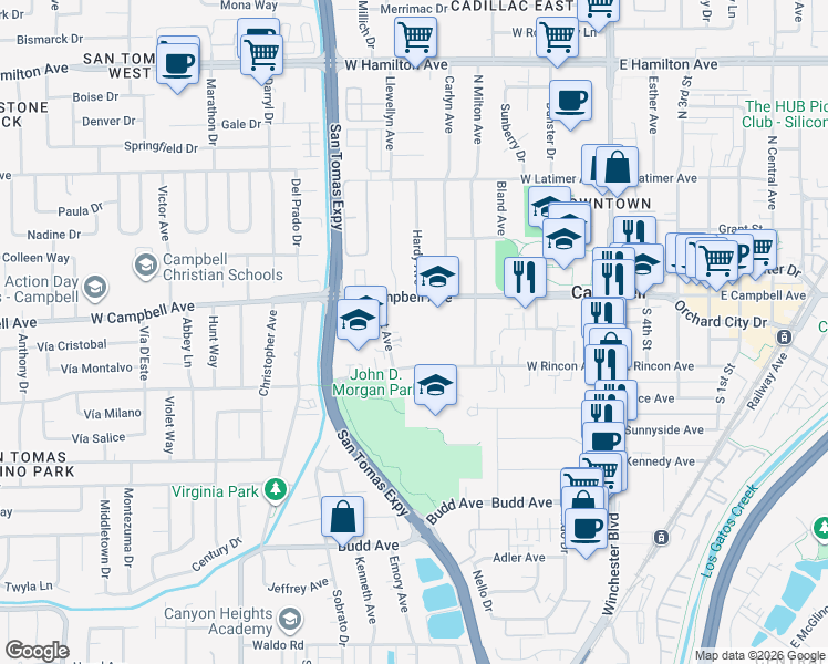 map of restaurants, bars, coffee shops, grocery stores, and more near 429 West Rincon Avenue in Campbell