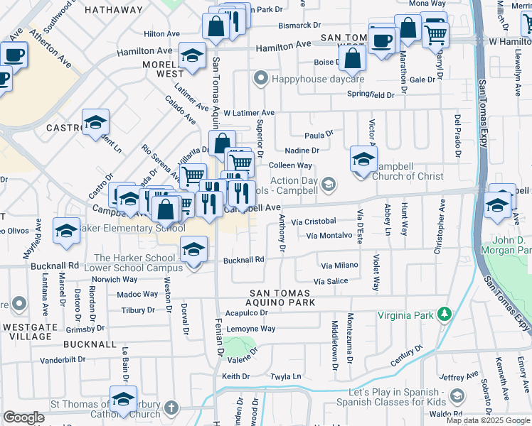 map of restaurants, bars, coffee shops, grocery stores, and more near 4062 West Campbell Avenue in Campbell