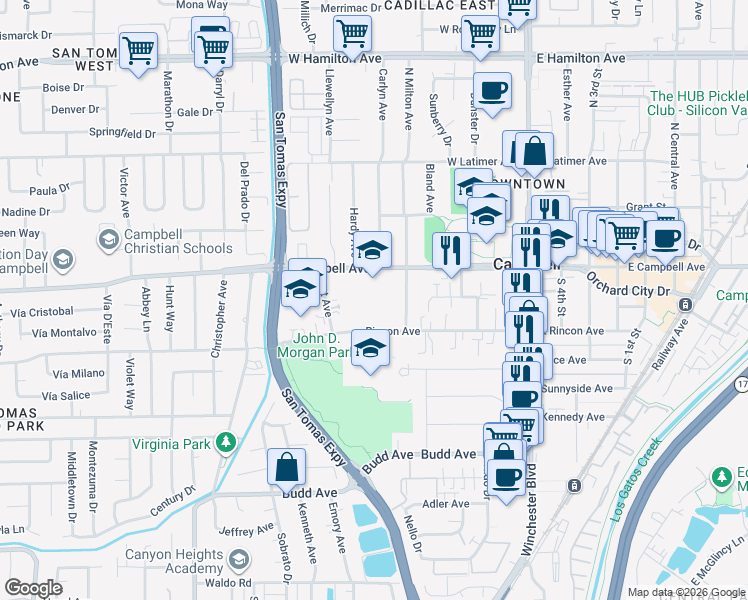 map of restaurants, bars, coffee shops, grocery stores, and more near 353 West Rincon Avenue in Campbell