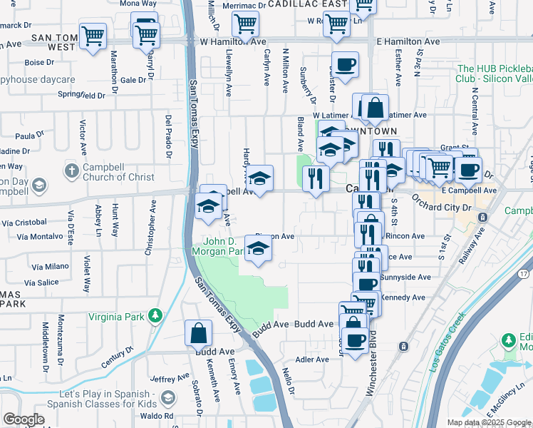 map of restaurants, bars, coffee shops, grocery stores, and more near 353 West Rincon Avenue in Campbell