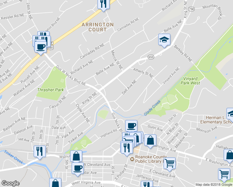 map of restaurants, bars, coffee shops, grocery stores, and more near 2622 Dell Avenue Northeast in Roanoke