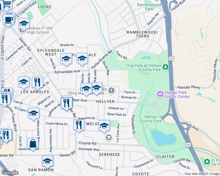 map of restaurants, bars, coffee shops, grocery stores, and more near 801 Hellyer Avenue in San Jose