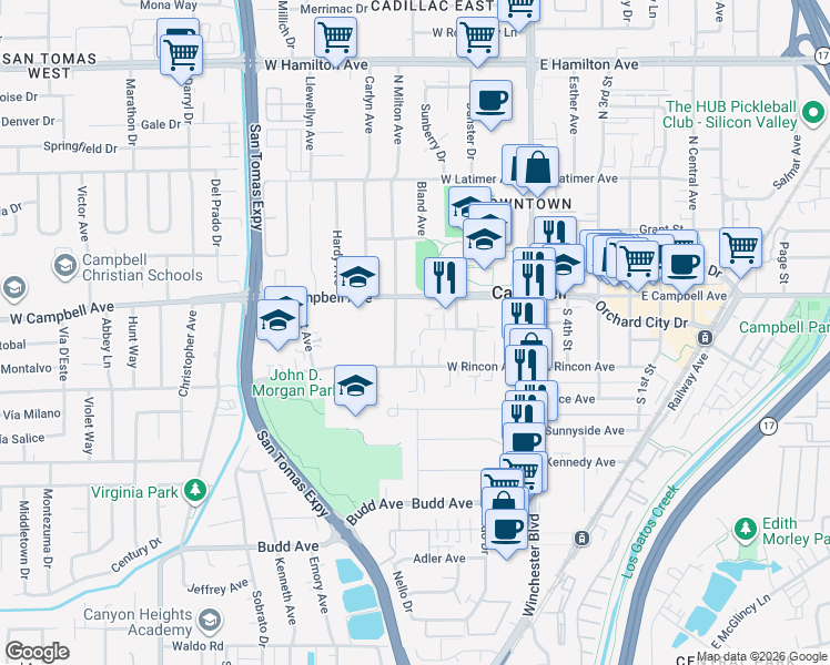 map of restaurants, bars, coffee shops, grocery stores, and more near 230 Rose Court in Campbell