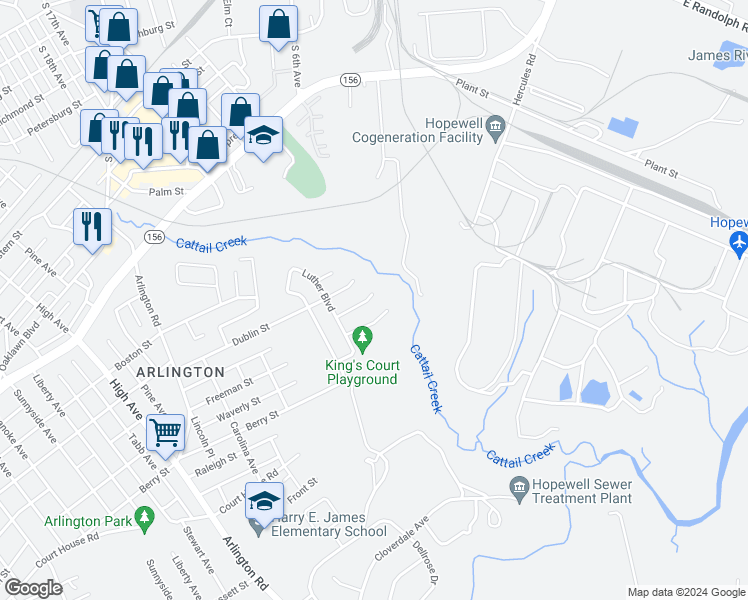 map of restaurants, bars, coffee shops, grocery stores, and more near 1810 Trenton Street in Hopewell