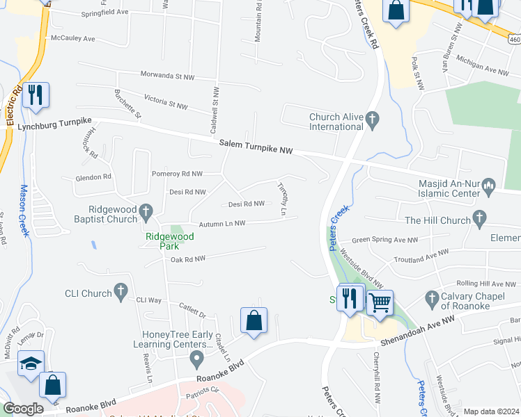 map of restaurants, bars, coffee shops, grocery stores, and more near 4709 Autumn Lane Northwest in Roanoke