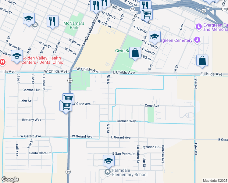 map of restaurants, bars, coffee shops, grocery stores, and more near 43 Skylark Street in Merced
