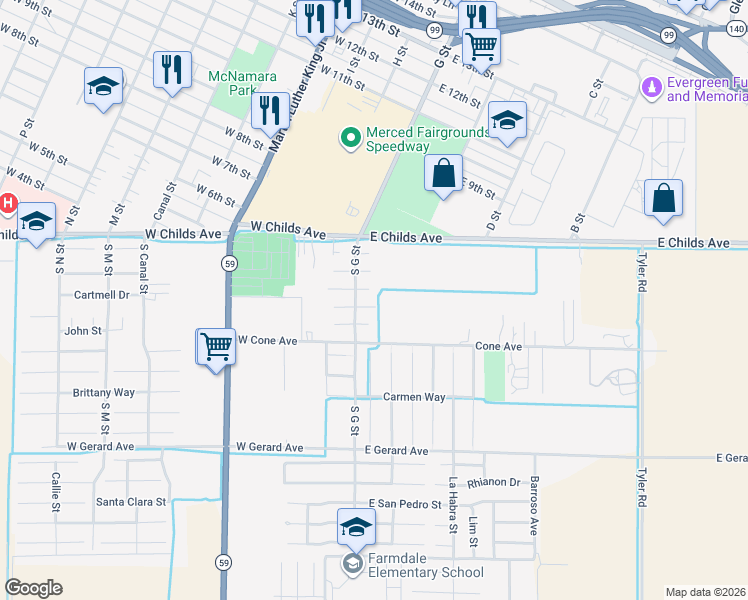 map of restaurants, bars, coffee shops, grocery stores, and more near 43 Skylark Street in Merced