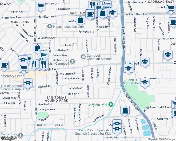 map of restaurants, bars, coffee shops, grocery stores, and more near 3802 Ainsley Court in Campbell
