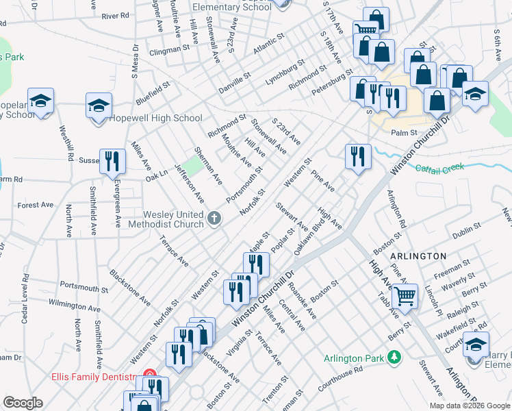 map of restaurants, bars, coffee shops, grocery stores, and more near 2708 Norfolk Street in Hopewell
