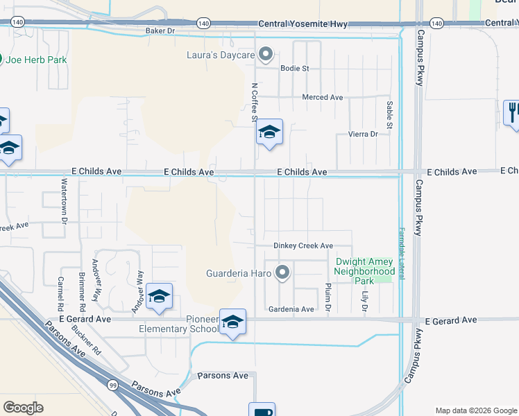 map of restaurants, bars, coffee shops, grocery stores, and more near 123 Blueberry Lane in Merced
