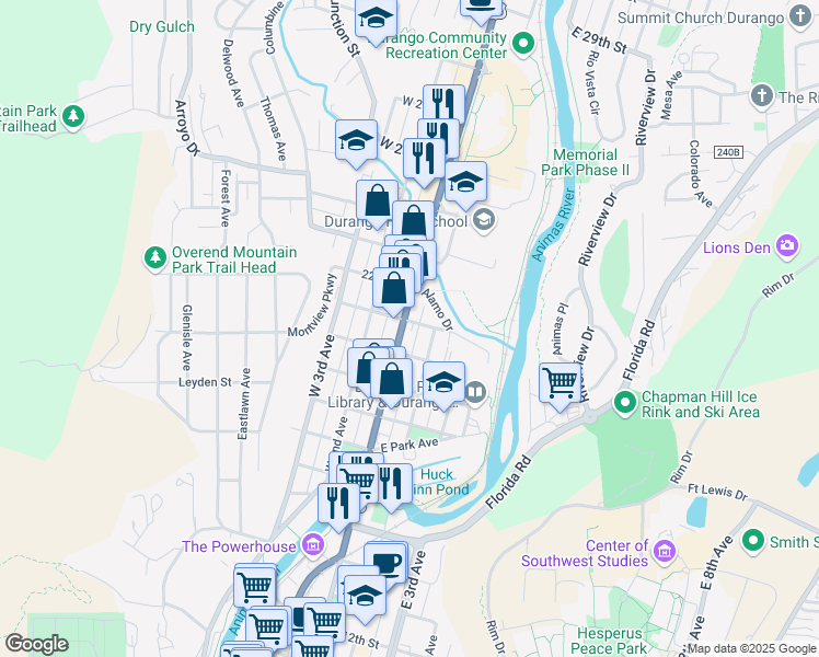 map of restaurants, bars, coffee shops, grocery stores, and more near 2051 East 2nd Avenue in Durango