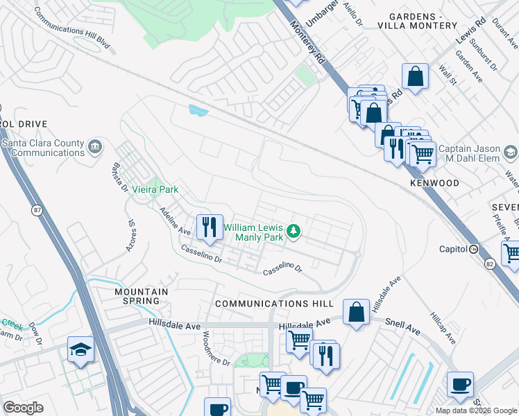map of restaurants, bars, coffee shops, grocery stores, and more near 337 Llano de los Robles Avenue in San Jose