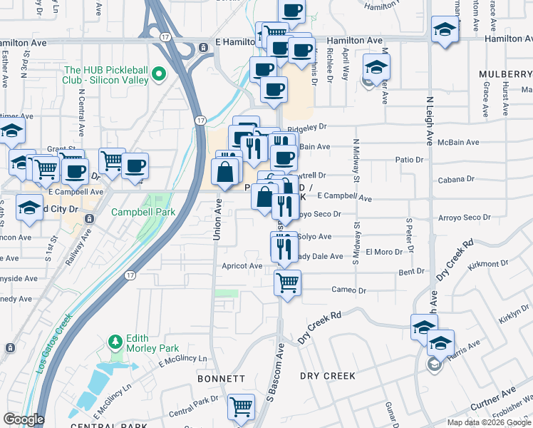 map of restaurants, bars, coffee shops, grocery stores, and more near 2107 South Bascom Avenue in Campbell