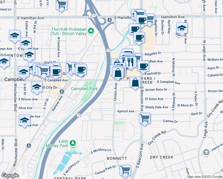map of restaurants, bars, coffee shops, grocery stores, and more near 768 Duncanville Court in Campbell