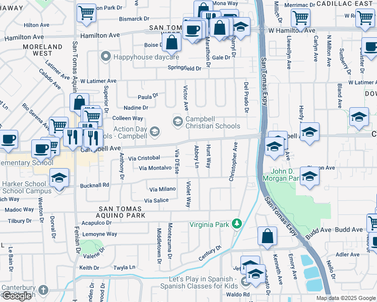map of restaurants, bars, coffee shops, grocery stores, and more near 3802 Ainsley Court in Campbell