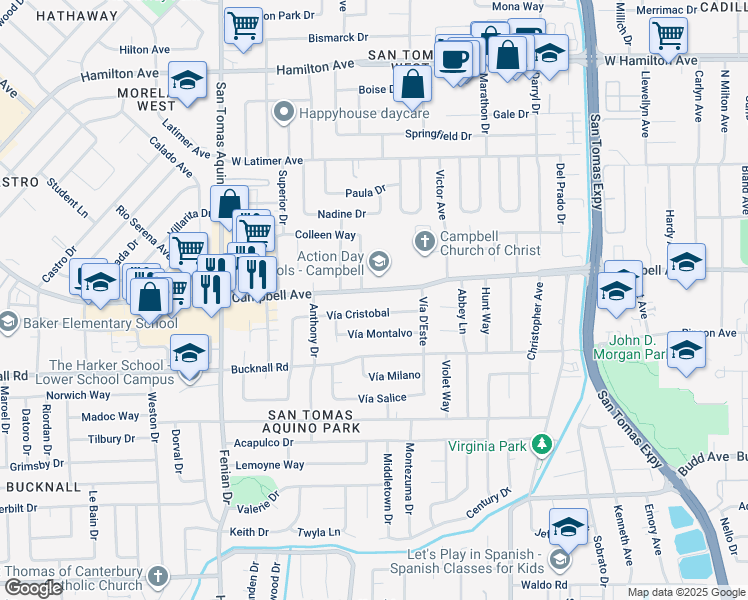 map of restaurants, bars, coffee shops, grocery stores, and more near 3910 Vía Cristobal in Campbell