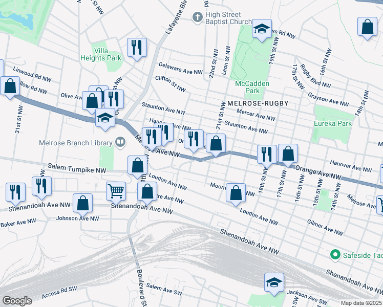 map of restaurants, bars, coffee shops, grocery stores, and more near 2206 Melrose Avenue Northwest in Roanoke