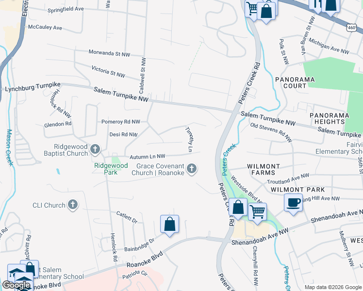 map of restaurants, bars, coffee shops, grocery stores, and more near 4605-4609 Autumn Lane Northwest in Roanoke