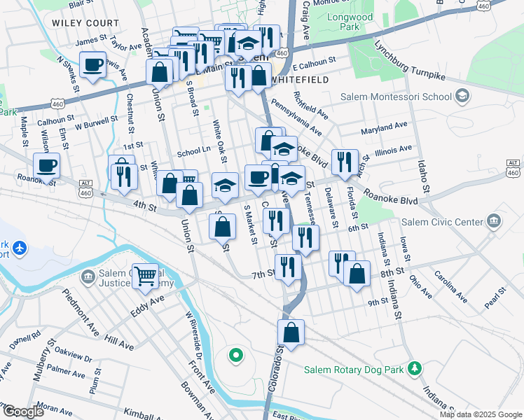 map of restaurants, bars, coffee shops, grocery stores, and more near 619 South Colorado Street in Salem