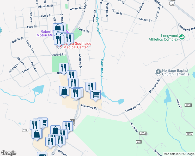 map of restaurants, bars, coffee shops, grocery stores, and more near Burger Street in Farmville