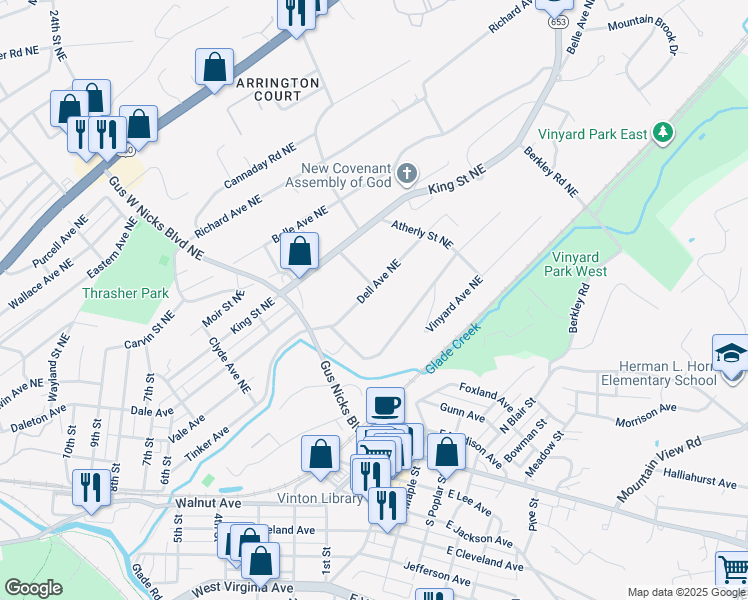 map of restaurants, bars, coffee shops, grocery stores, and more near 2649 Dell Avenue Northeast in Roanoke