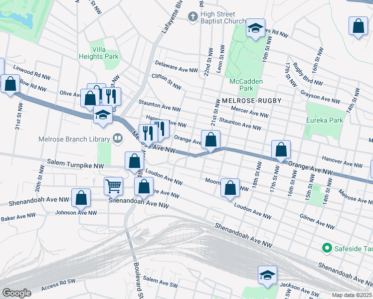 map of restaurants, bars, coffee shops, grocery stores, and more near 2206 Melrose Avenue Northwest in Roanoke