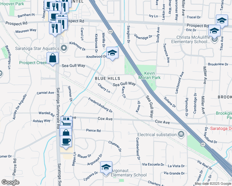 map of restaurants, bars, coffee shops, grocery stores, and more near 12637 Lido Way in Saratoga