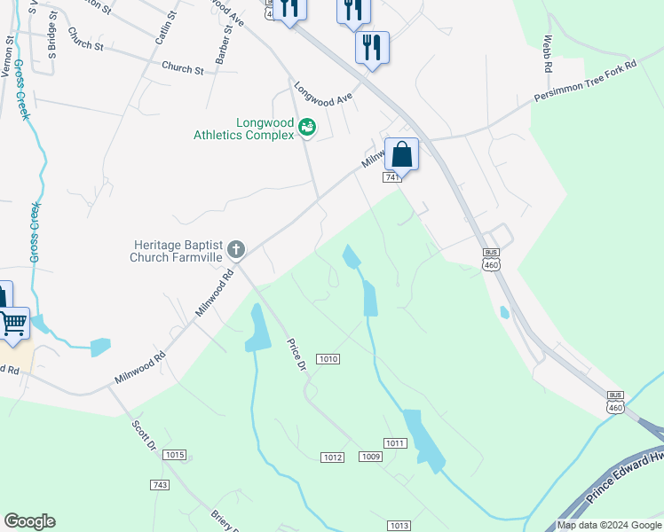 map of restaurants, bars, coffee shops, grocery stores, and more near 400 Ford Road in Farmville