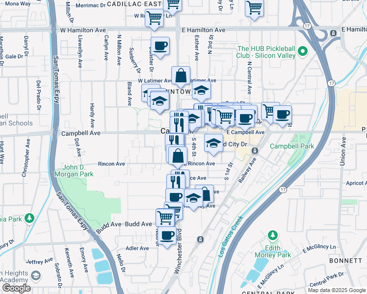 map of restaurants, bars, coffee shops, grocery stores, and more near 2085 South Winchester Boulevard in Campbell