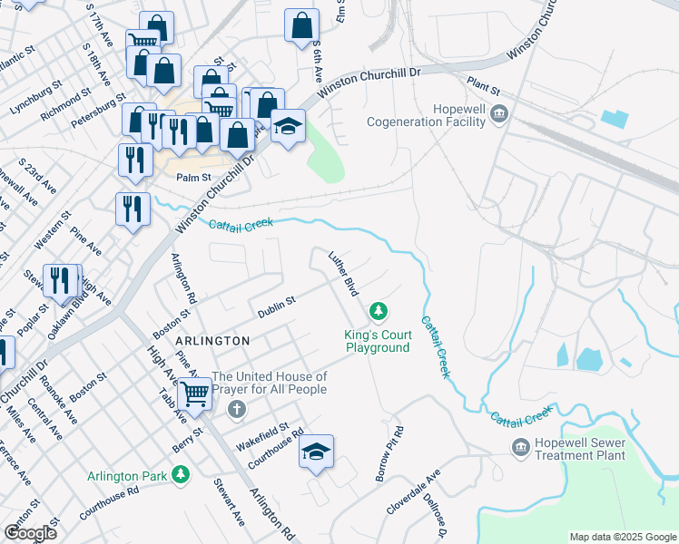 map of restaurants, bars, coffee shops, grocery stores, and more near 2000 Luther Boulevard in Hopewell
