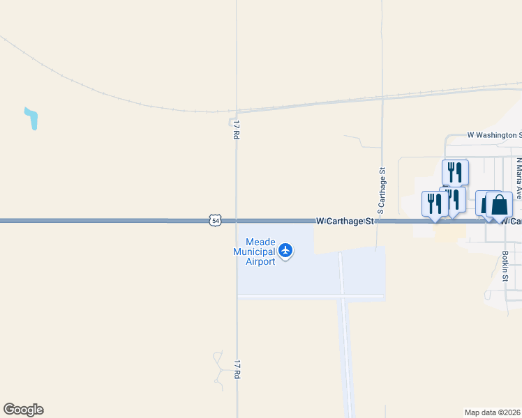 map of restaurants, bars, coffee shops, grocery stores, and more near 17074-17290 N Rd in Meade